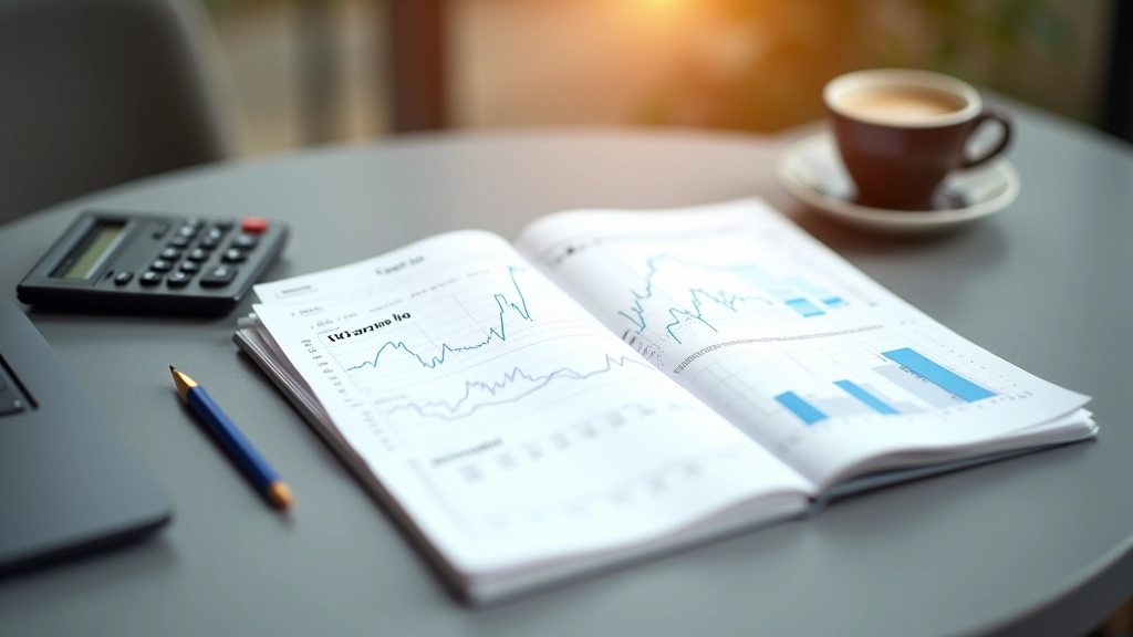 Notebook with handwritten trading notes and technical analysis charts on desk with calculator and coffee