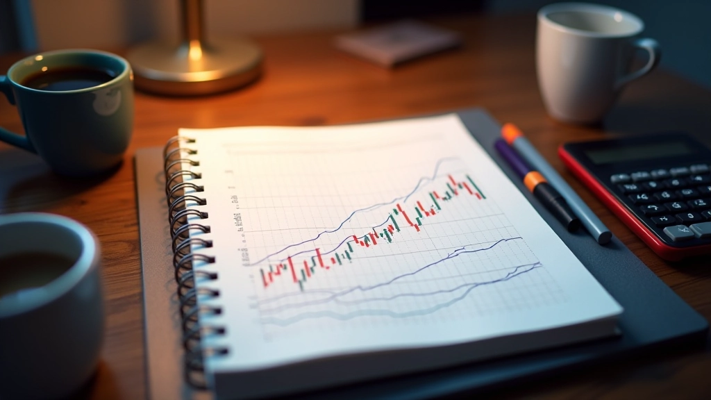 Trading notebook with handwritten price levels, trend annotations, and confluence zones marked with different colored pens