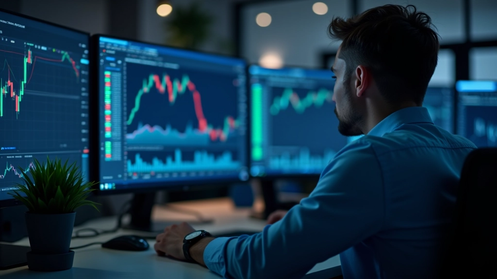 Trader at desk studying multiple screens with price charts and analysis notes