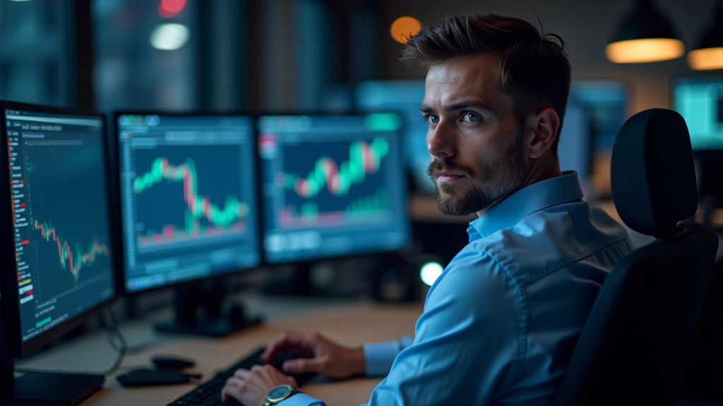 Professional trader analyzing risk metrics and portfolio allocation charts on multiple displays
