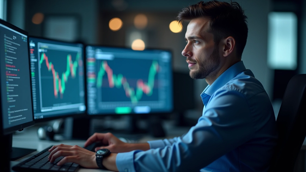 Trader working at desk with multiple monitors displaying trading charts and market data