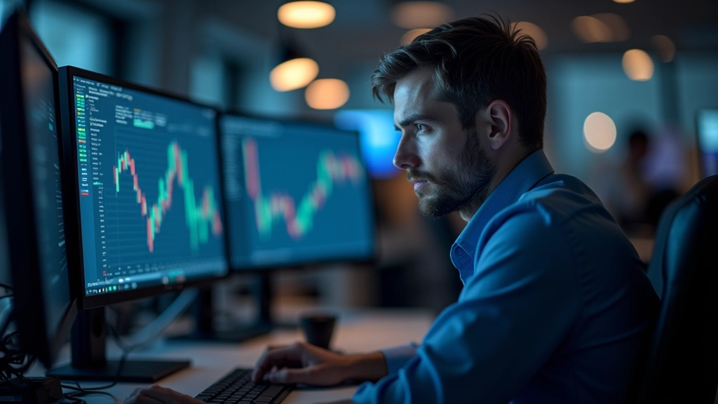 Modern trading workspace with multiple monitors displaying market data and financial charts